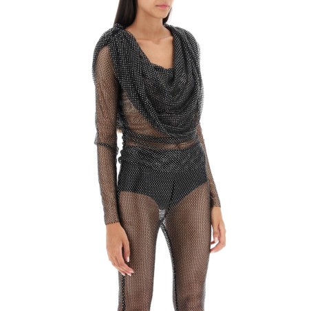 rhinestone fishnet hooded top