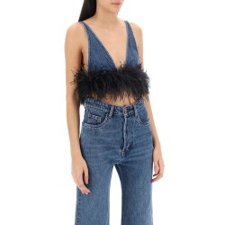 feather-trimmed denim bra top