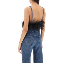 feather-trimmed denim bra top