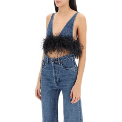 feather-trimmed denim bra top