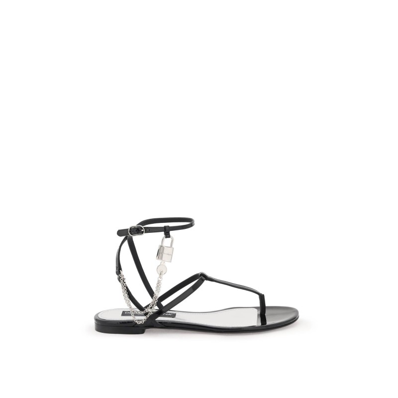 patent leather thong sandals with padlock