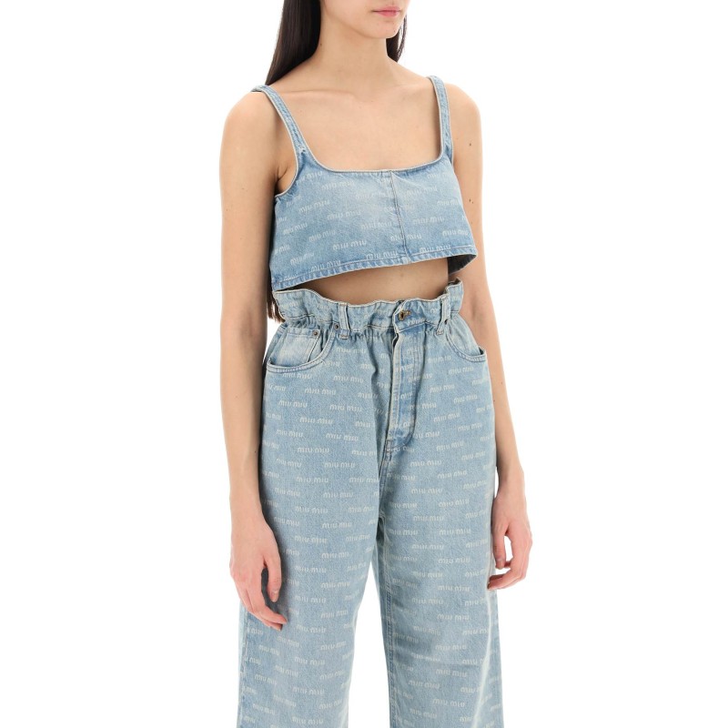 denim cropped top with logo pattern