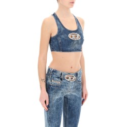 denim crop top with jewel buckle