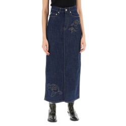 maxi denim skirt with pink embroidery