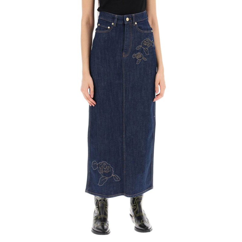 maxi denim skirt with pink embroidery