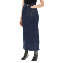 maxi denim skirt with pink embroidery