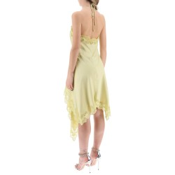 asymmetric satin dress with lace detail