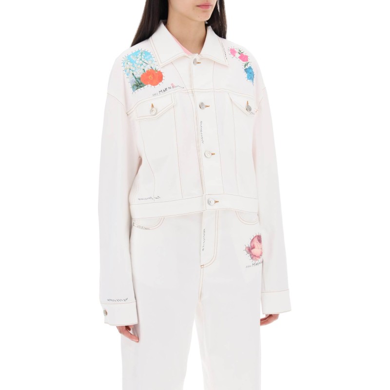 "cropped denim jacket with flower patches and embroidery"