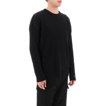 ribbed-knit sweater with leather straps