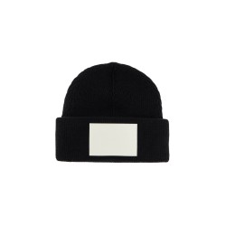 "wool beanie hat with large logo patch"