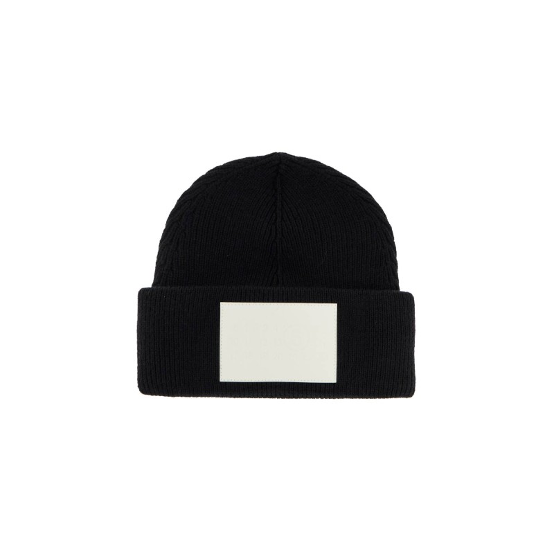 "wool beanie hat with large logo patch"