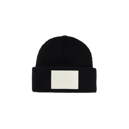 "wool beanie hat with large logo patch"