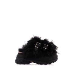 slides with faux fur strap