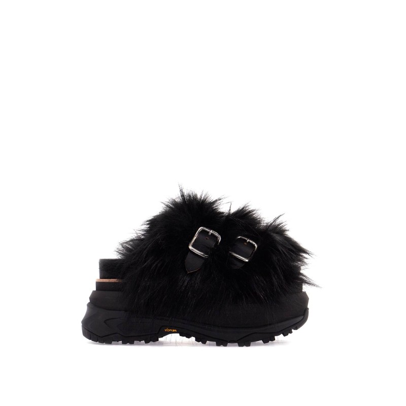 slides with faux fur strap