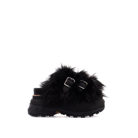 slides with faux fur strap