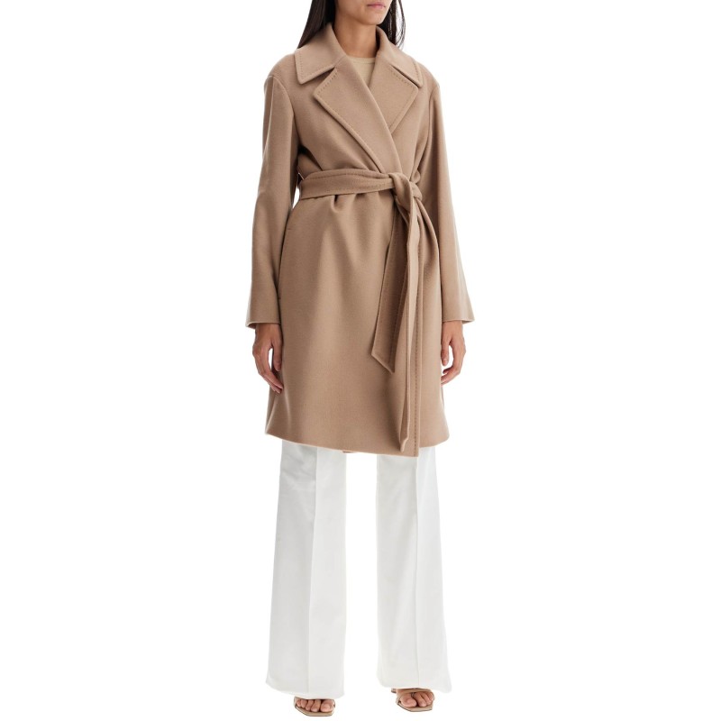 mid-length wool wrap coat with robe-style