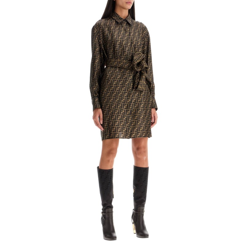 silk shirt dress with all-over logo