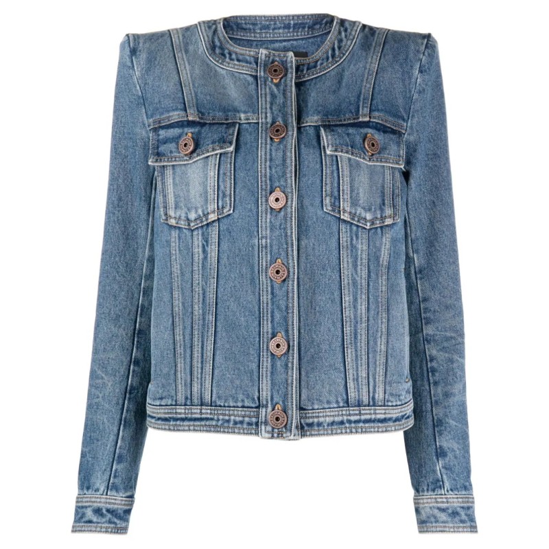 Collarless denim jacket