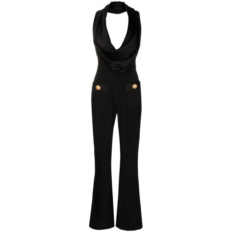 Cowl neck crepe flare jumpsuit