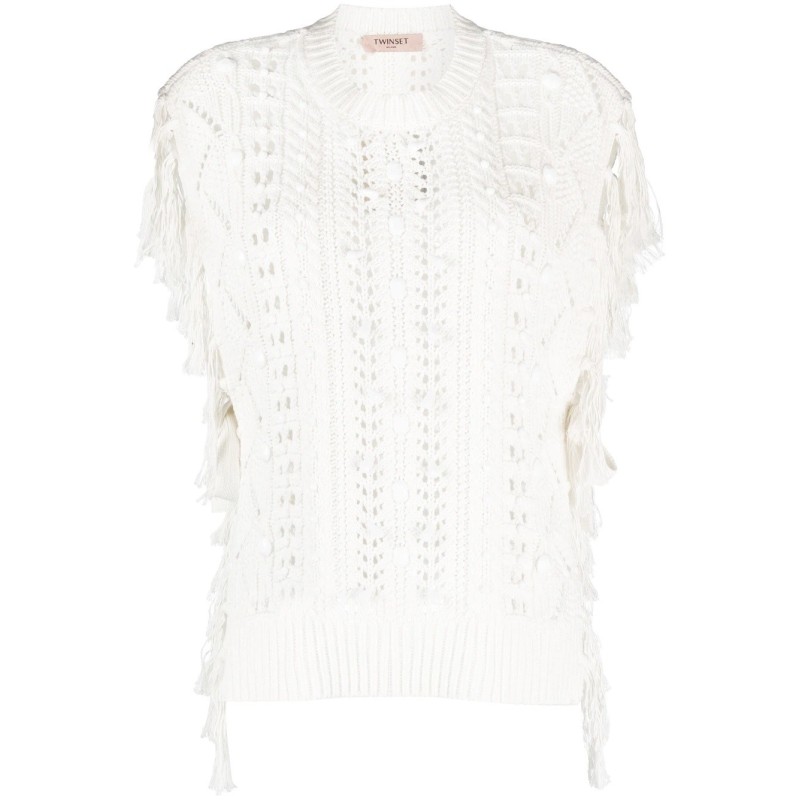 Poncho with embroidered fringe