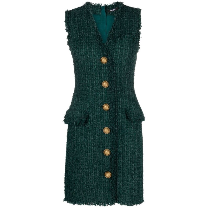 V-neck buttoned tweed dress