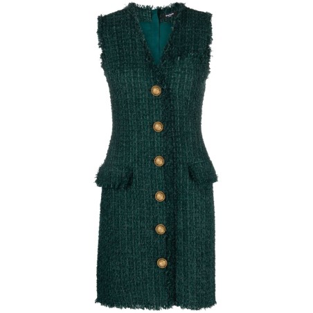 V-neck buttoned tweed dress