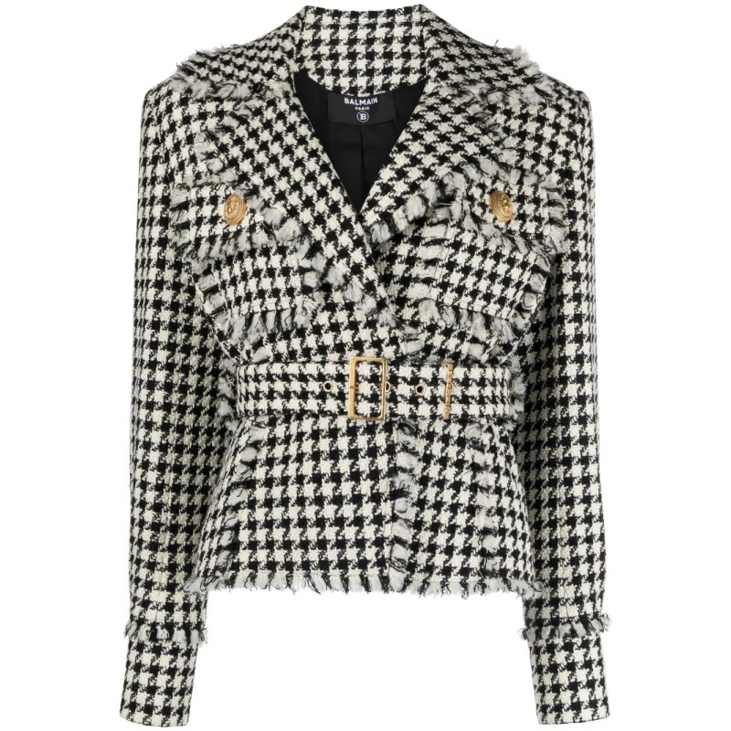 Houndstooth belted short jacke