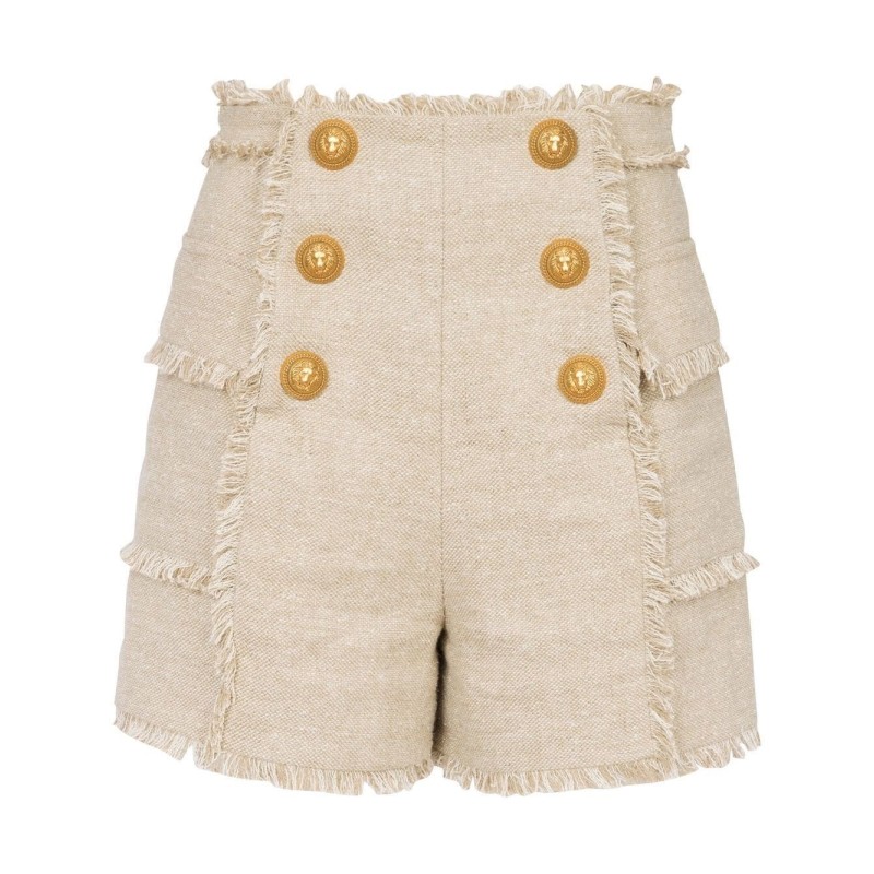 Hw 6 btn linen fringed shorts