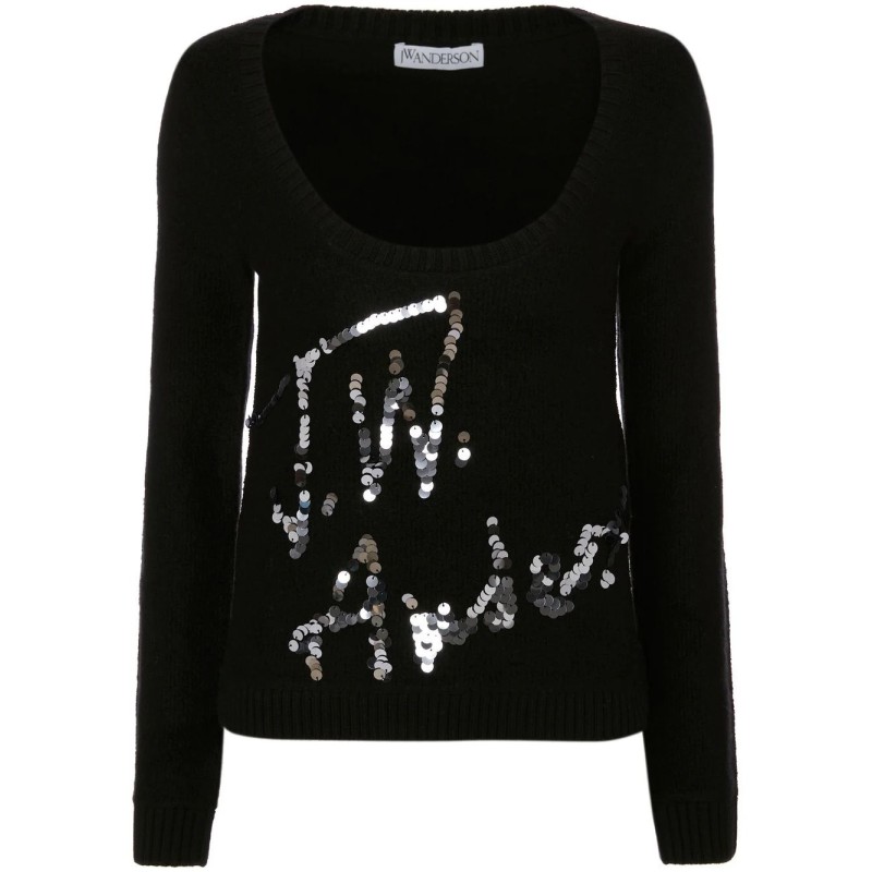 Scoop neck sequins logo jumper