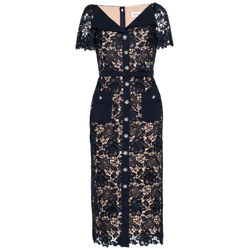 Navy lace open neck midi dress