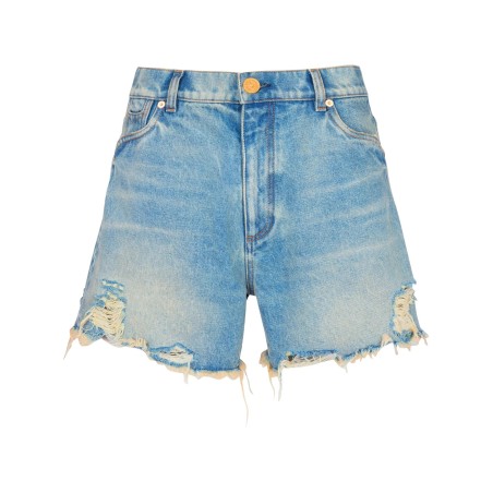 Mid-rise frayed denim shorts