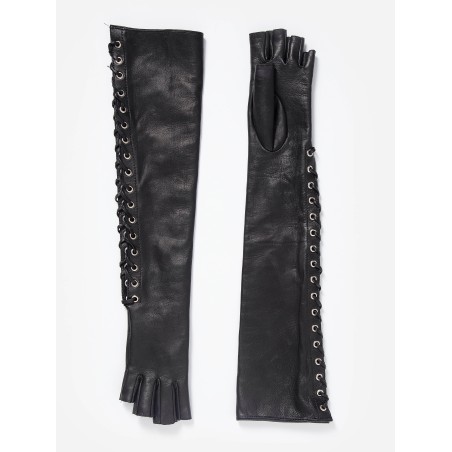 laced-up long leather gloves