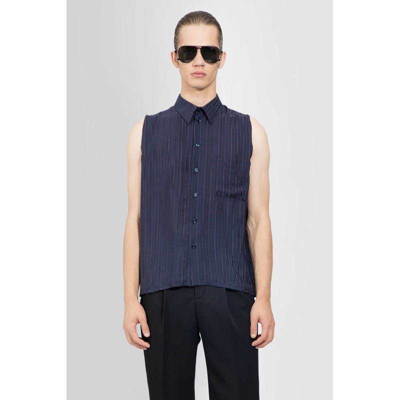 sleeveless pocket shirt in matte and shiny striped silk