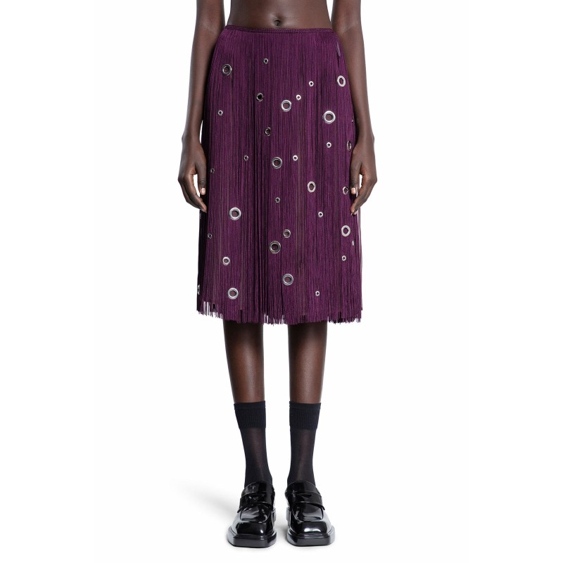 midi-skirt with fringe and grommet embellishment