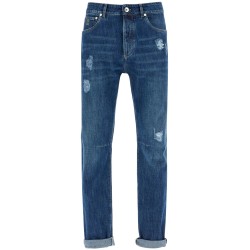 'distressed denim leisure fit jeans for