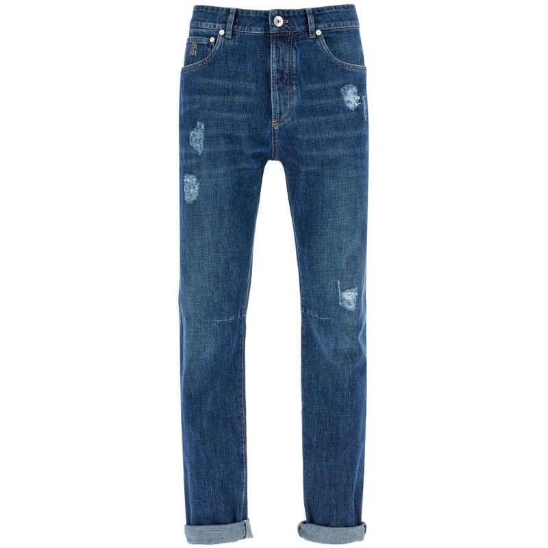 'distressed denim leisure fit jeans for