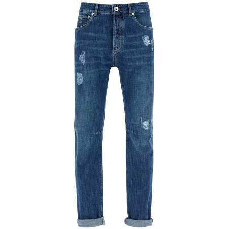 'distressed denim leisure fit jeans for