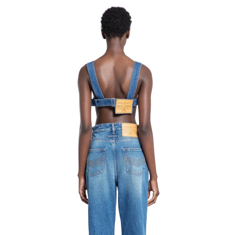 denim bra with overall buckled strap