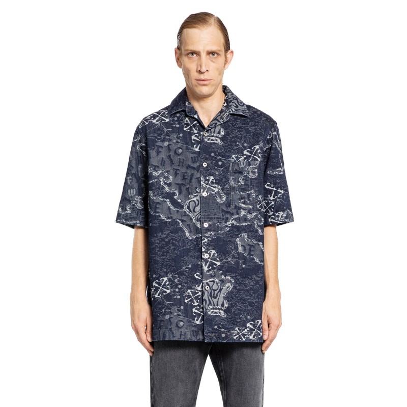 camo jacquard denim bowling shirt