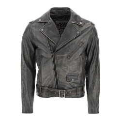 vintage-effect leather biker jacket