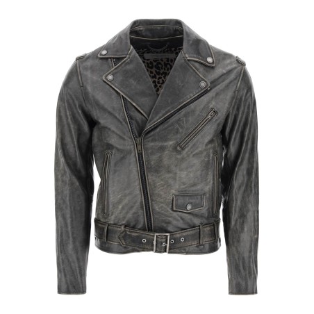 vintage-effect leather biker jacket