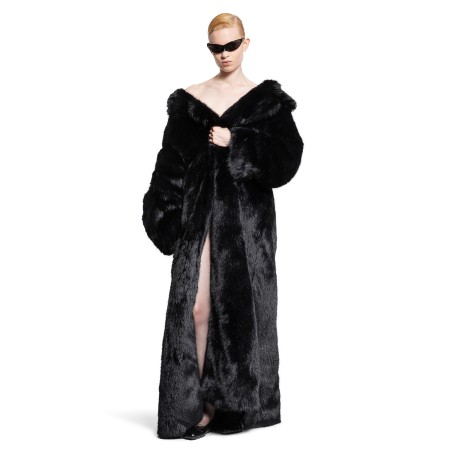 off shoulder coat in fake fur