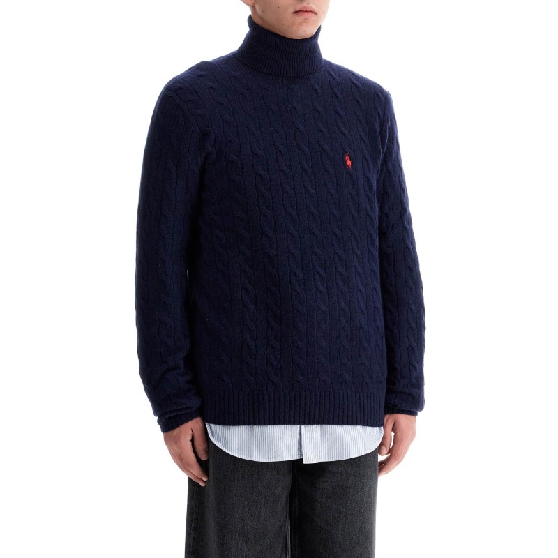 high-neck wool and cashmere cable-knit pullover sweater