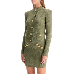 high-neck cardigan with embossed buttons