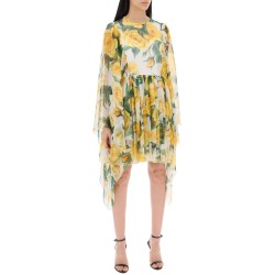 "short silk chiffon dress with yellow rose print"