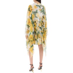 "short silk chiffon dress with yellow rose print"