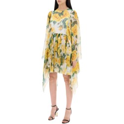 "short silk chiffon dress with yellow rose print"