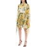 "short silk chiffon dress with yellow rose print"