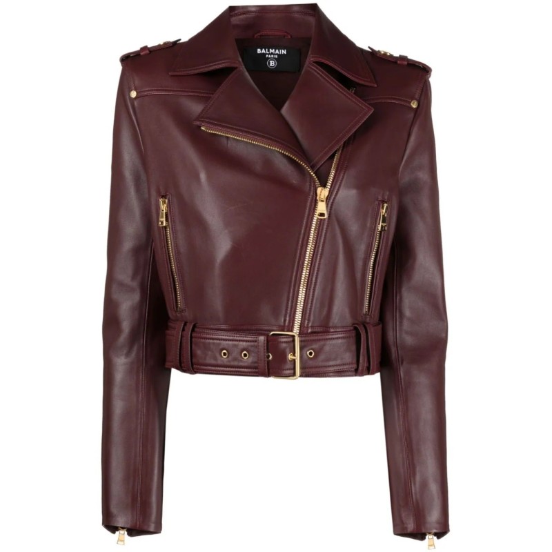 Belted leather biker jacket