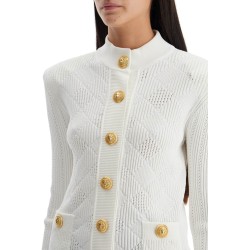 high-neck cardigan with embossed buttons